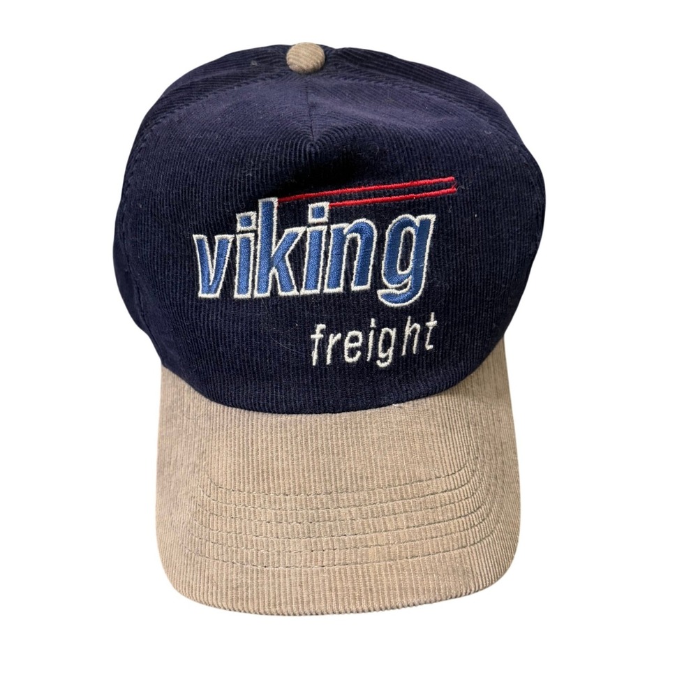 Vintage Viking Freight Corduroy Snapback Hat Regal Headwear Navy Tan USA Made